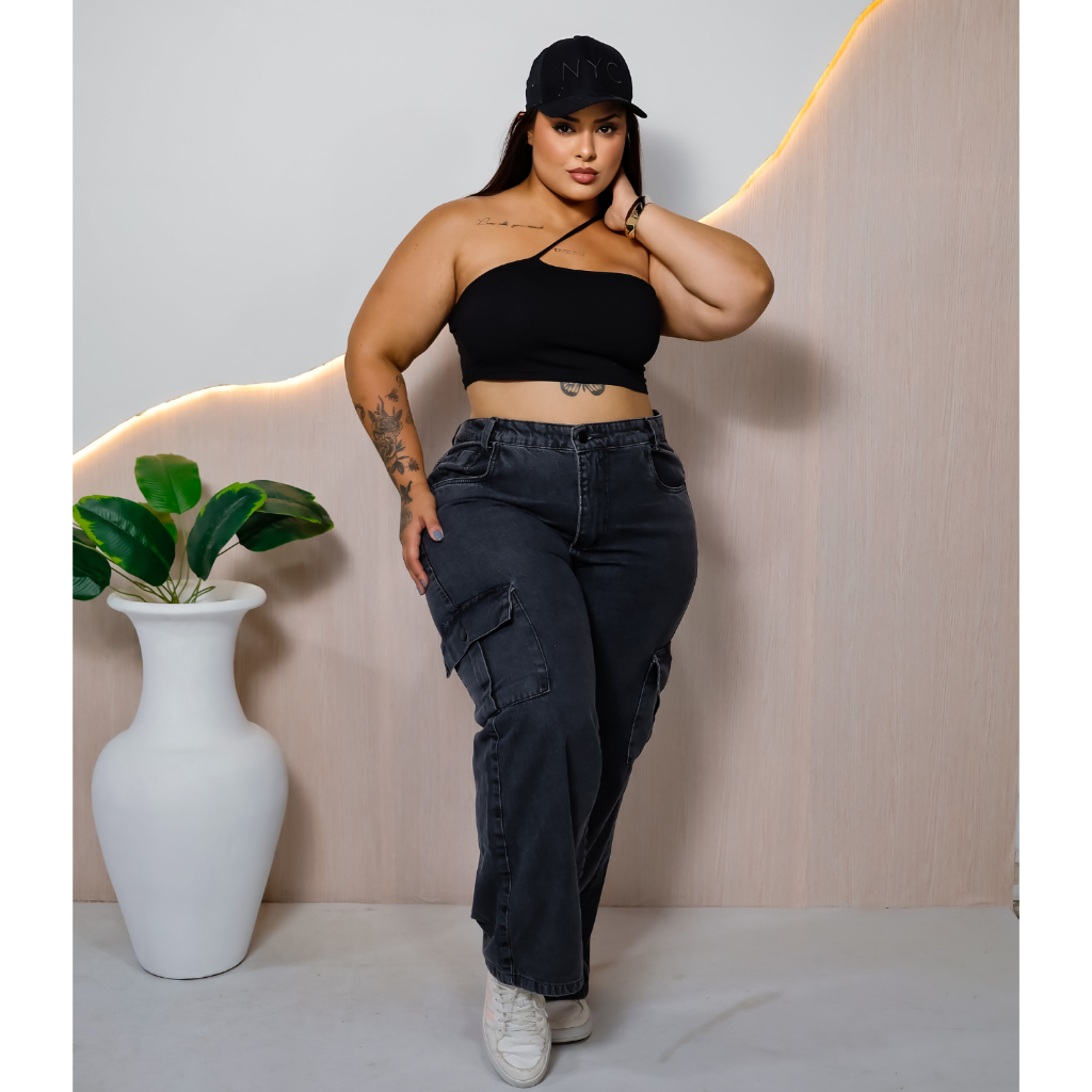Calça Wid Leg Cargo Plus Size Grafite Modeladora Blogueira Moda