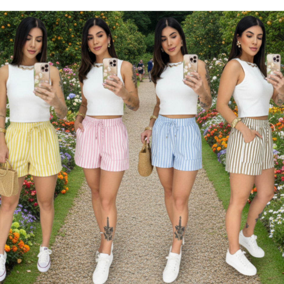 SHORT TECIDO LINHO LISTRADO Tamanho M e G  Moda Verão em Oferta na Shopee