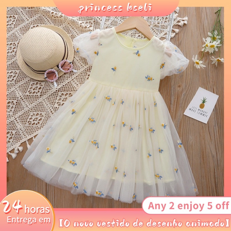 [PRINCESSKESLI] 1-10 anos Kids Vestido Casual Primavera/verão com Coremas Multicolorido para Menina