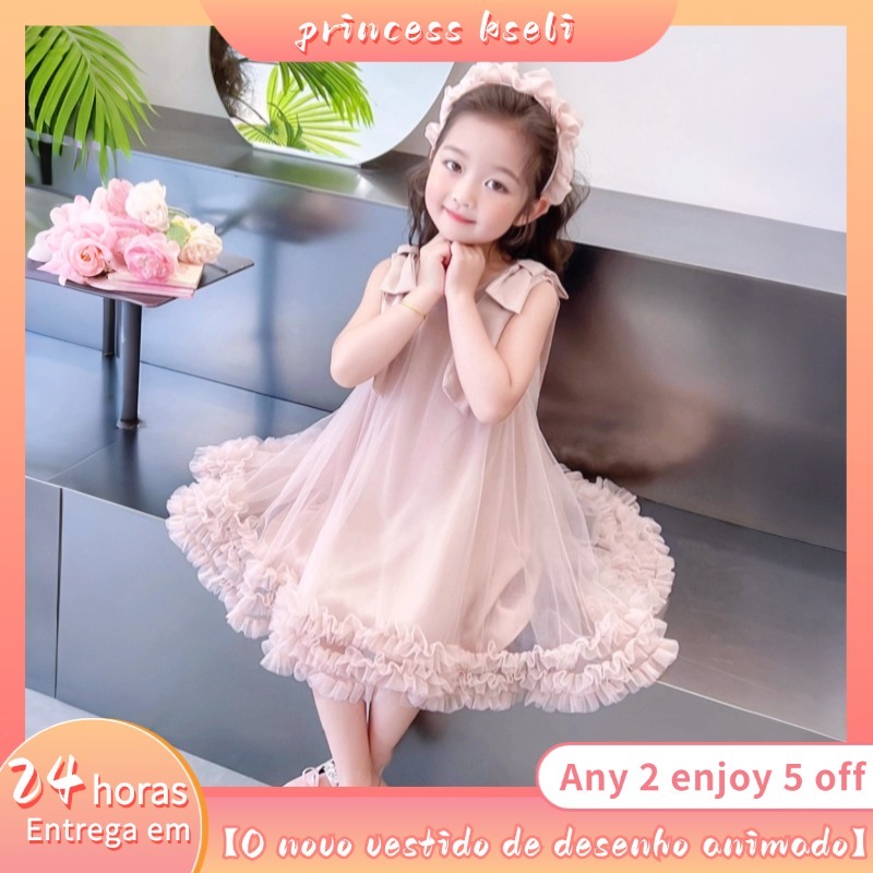 PRINCESSKESLI Vestido De Verão Para Meninas Com Estrelas Cintilantes Tule Sem Mangas 2-11 Anos em Oferta na Shopee