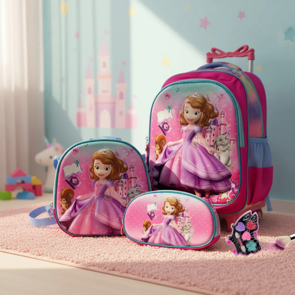 Kit Mochila Infantil Menina Escolar 3D lancheira térmica estojo com Rodinhas Princesa Sofia brinde