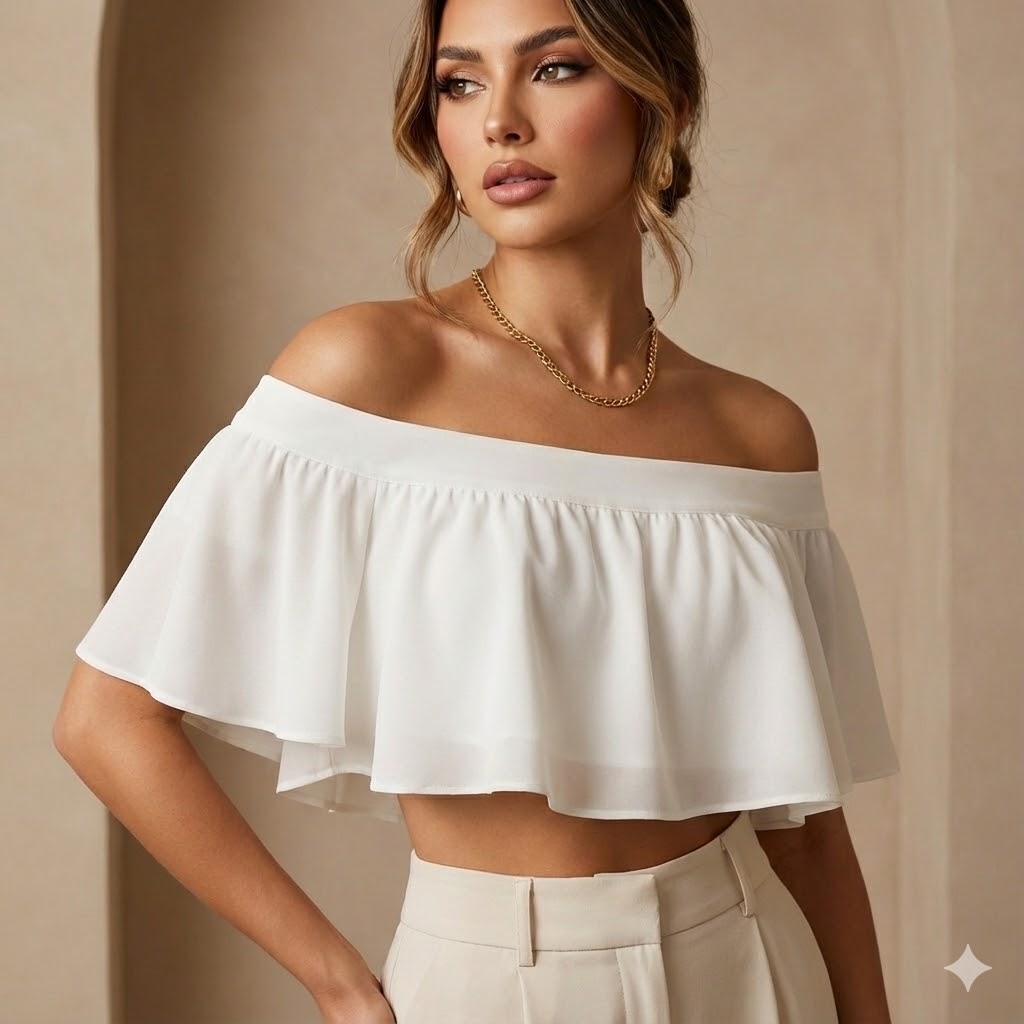 Cropped com Bojo Ciganinha Tule e Elanca Blusa Feminina Ombro a Ombro Babado Top Moda Balada Tendência