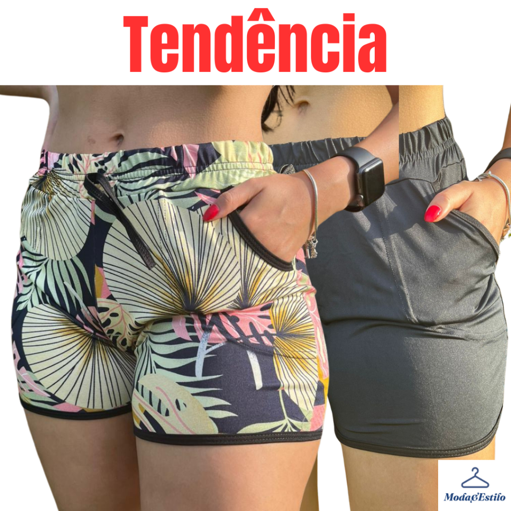2 Shorts Curto Moda Verão Shortinho Com Bolso Feminino Soltinho Super Confortável Plus Size preto Cinza Estampada