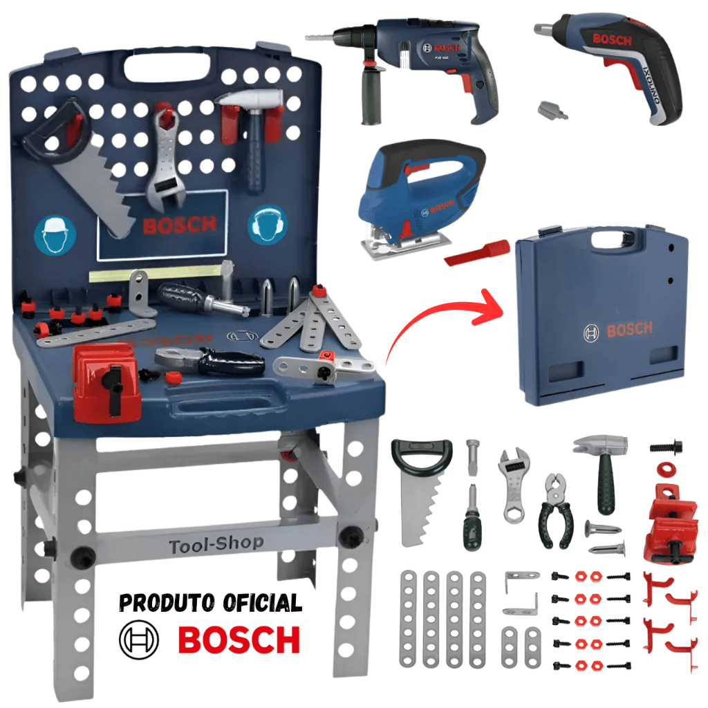 Super Kit Maleta Ferramenta Bancada Furadeira Parafusadeira Elétrica Brinquedo Montagem Crianças