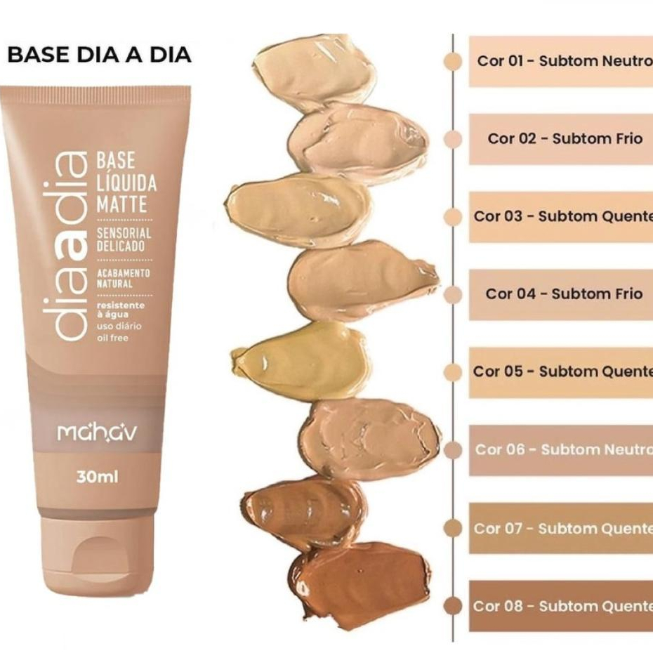 BASE LÍQUIDA MATTE DIA A DIA MAHAV PALETA 01 AO 08.