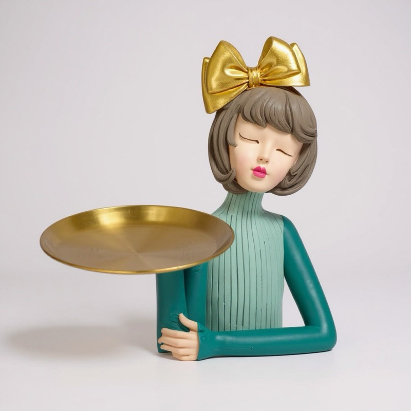 Boneca de Resina Lilly Bandeja Verde e Dourado Para Decoração Sofisfucada