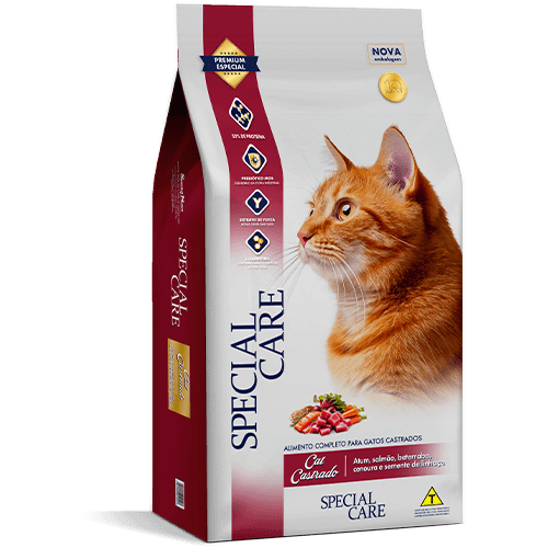 RAÇÃO PREMIUM SPECIAL PARA GATOS  Kit 10 PCT DE 1 KG CADA  Special Care Cat Castrados Atum e Salmão