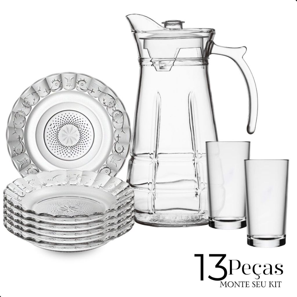 Jogo De Pratos Fundos E Copos C/13 Peças Aparelho de Jantar Em Vidro Com Jarra
