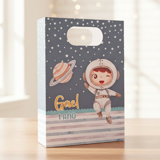 Sacolinha Personalizada Astronauta Aquarela | Kit Festa Aniversário Lembrancinhas Mimos | PEGUE E MONTE