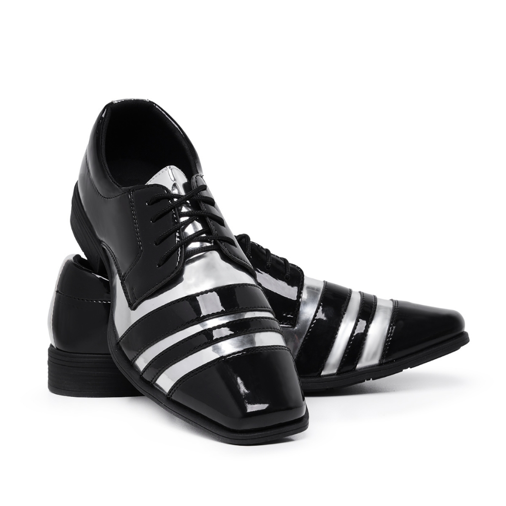 Sapato Social Oxford Masculino Bico Quadrado Em Verniz Brilhante Listrado Clássico Com Cadarço