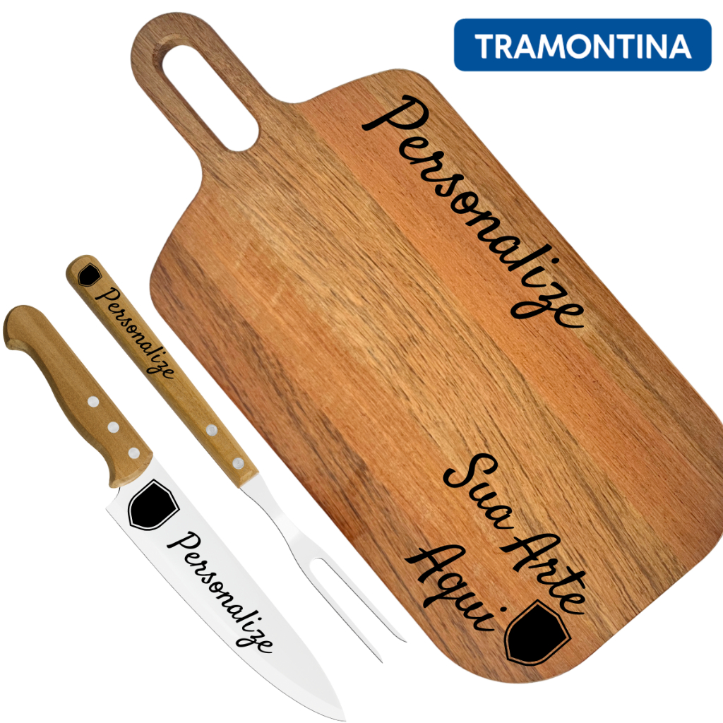 Kit Tramontina Tábua de Madeira Garfo e Faca para Churrasco Personalizado Nome Logo Time Presente em Oferta na Shopee