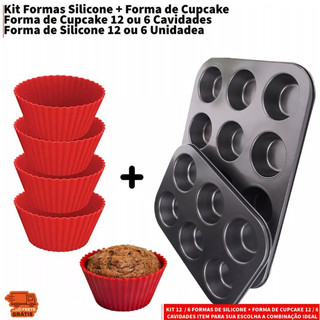 Kit 12 ou 6 Forminhas de Silicone Não Gruda + Forma de Cupcake 12 ou 6 Cavidades Antiader…