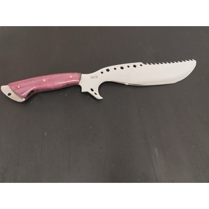 Faca artesanal estilo kukri com lâmina integral aço inox com detalhes vazados 12 pol 4mm cabo full tang em madeira nobre