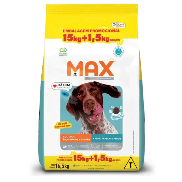 Ração Max Para Cães Porte Médio Carne e Frango 15kg + 1,5kg Grátis