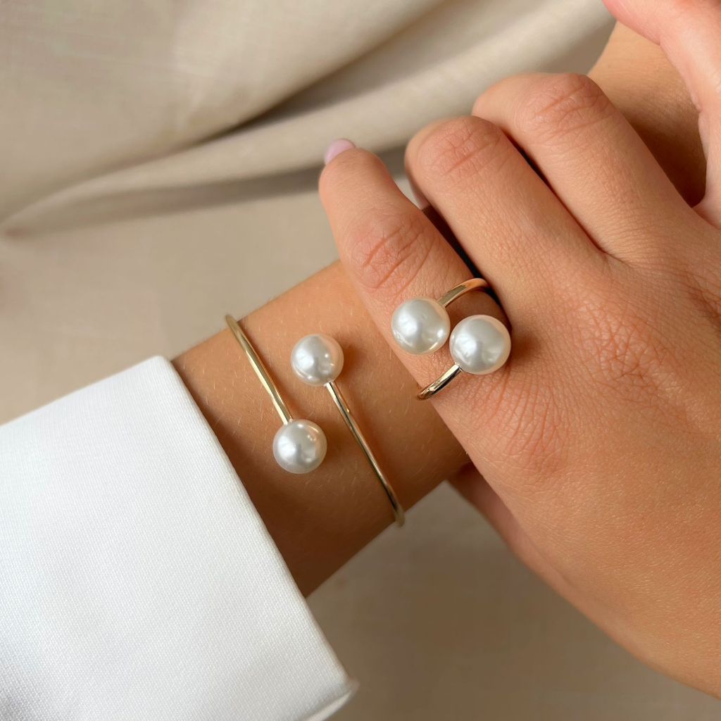 Conjunto Bracelete e Anel com Pérola Feminino Ajustável Minimalista Elegante Dourado em Oferta na Shopee
