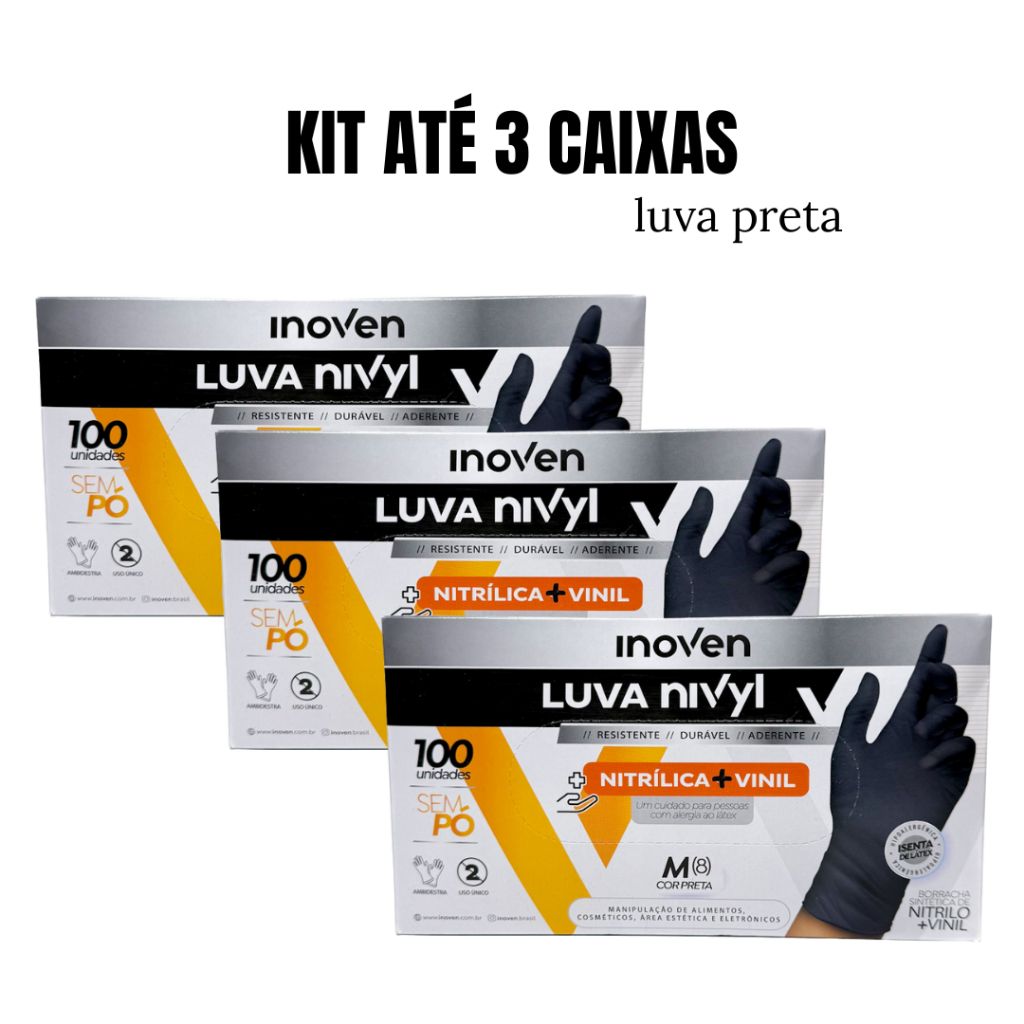 Kit Até 3 Caixas de Luva Vinil Nitrilica Preta Descartavel 300 unidades Sem Po em Oferta na Shopee