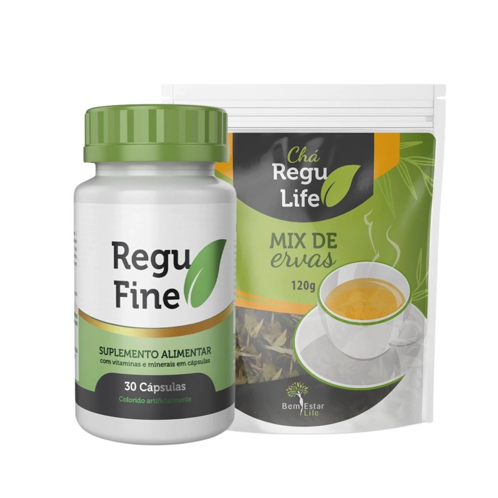 COMBO Regu Fine Original 30 cápsulas - Nova Tampa Verde Oliva  E Chá Life Pacote 120g