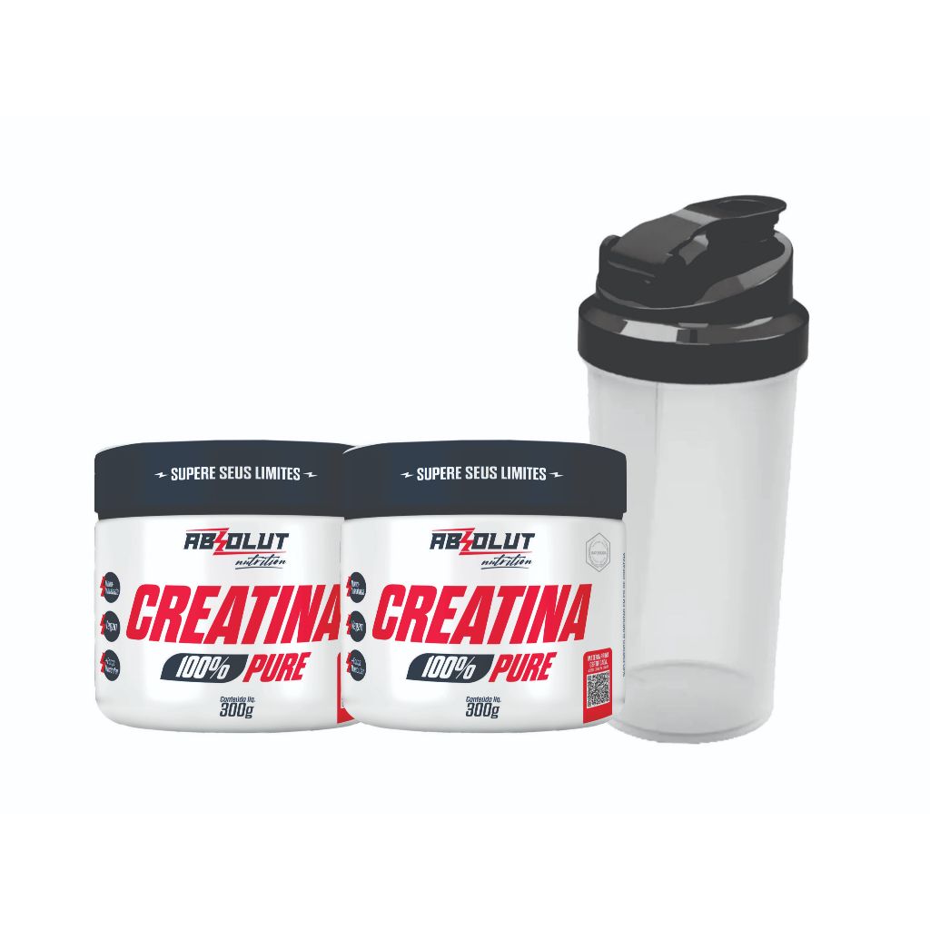 Kit 2 Creatinas 100% Pura 300g Absolut (total de 600g) + Coqueteleira 600ml força energia massa muscular recuperação
