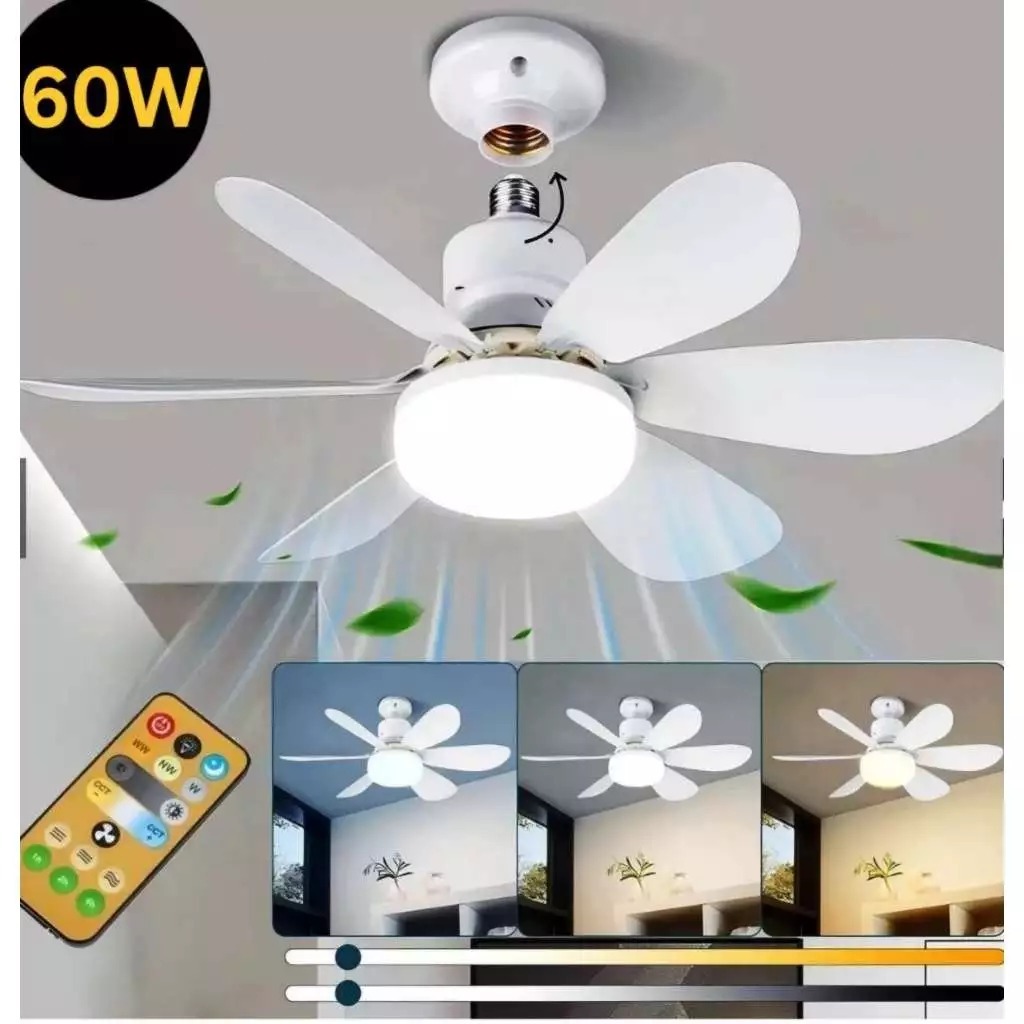 Ventilador de Teto com Lâmpada LED E27 6 Pétalas 60W 3 Velocidades Controle Remoto em Oferta na Shopee