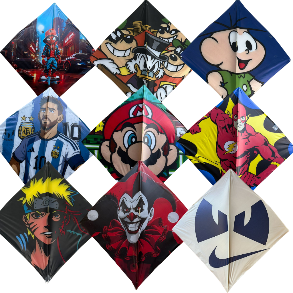 Pipa papagaio flechinha 38x38 Alta Qualidade, Artes Estampadas e Plástico Premium Sortidas