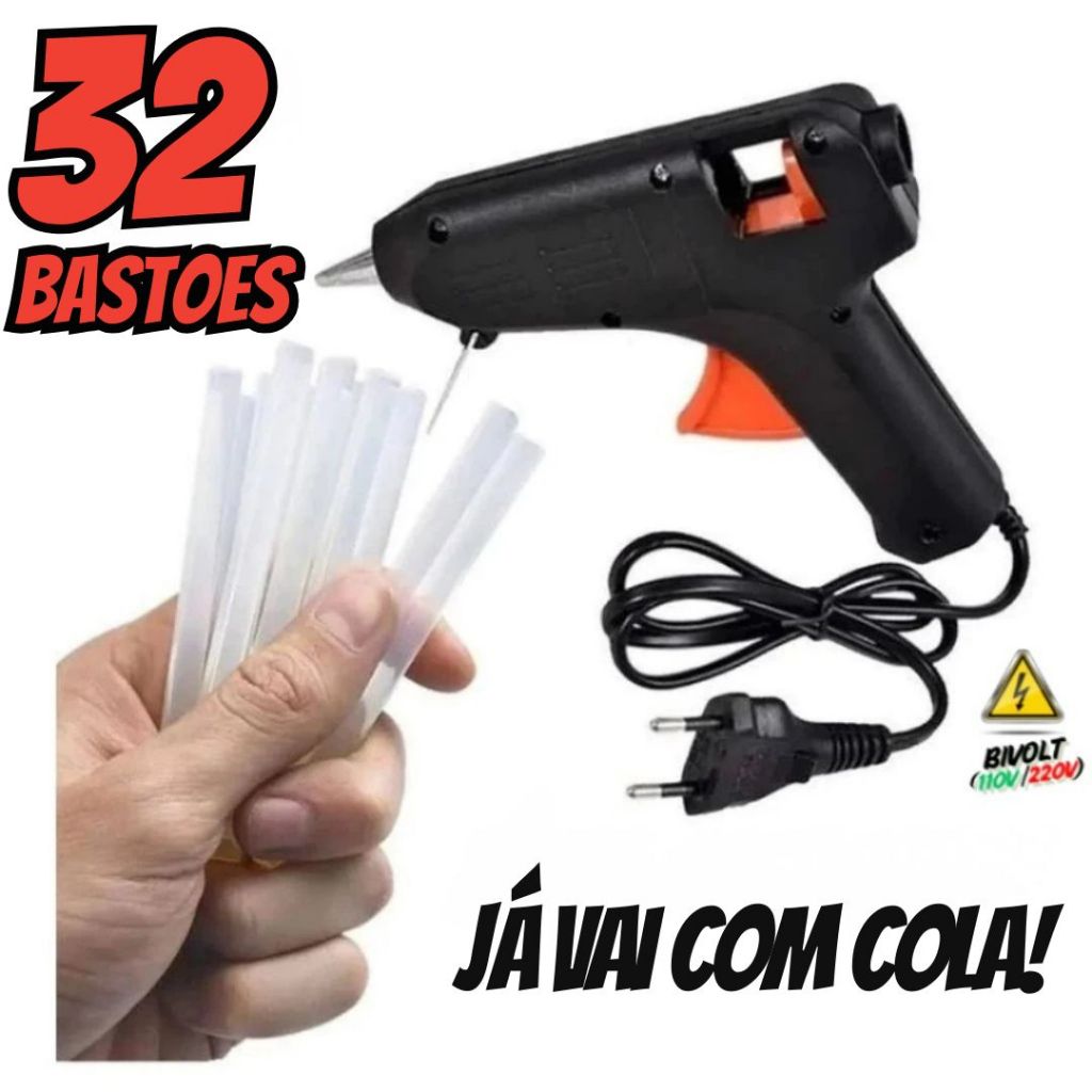 Pistola de Cola Quente + 32 Bastões de Cola Quente Revolver Profissional (110v e 220v) em Oferta na Shopee