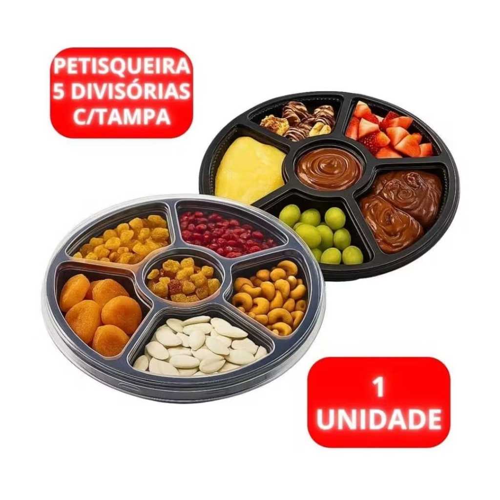 Petisqueira 5 Divisórias 1000ml Tampa PET Base Preta G-550 Galvanotek 1UNIDADE.