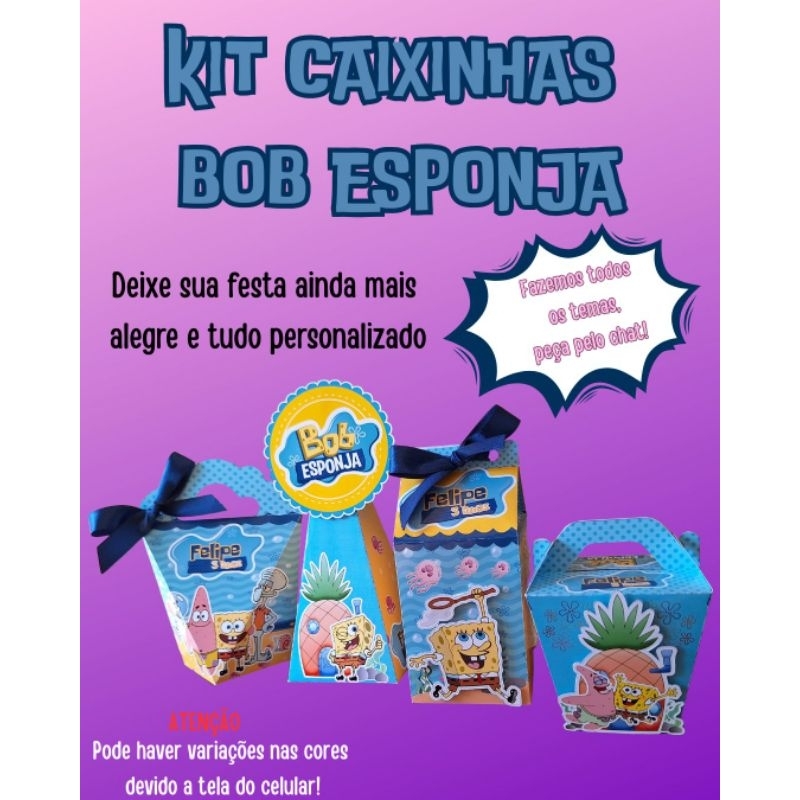 PEGUE E MONTE - Kit Festa Bob Esponja Lembrancinha Aniversário Menino Menina Caixa Personalizada