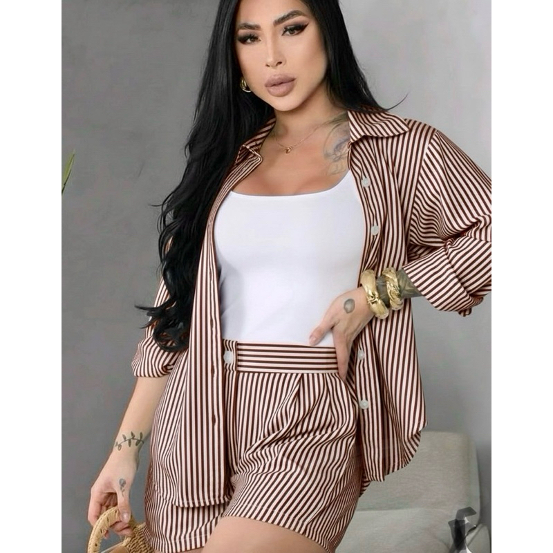 Conjunto kimono e shorts listrado femenino 2 pecas