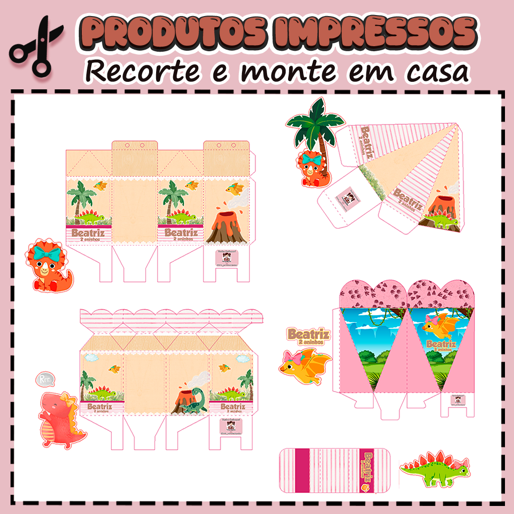 25 Caixinhas Personalizadas Kit festa infantil Tema Dinossauro Menina Aniversário Lembrancinhas