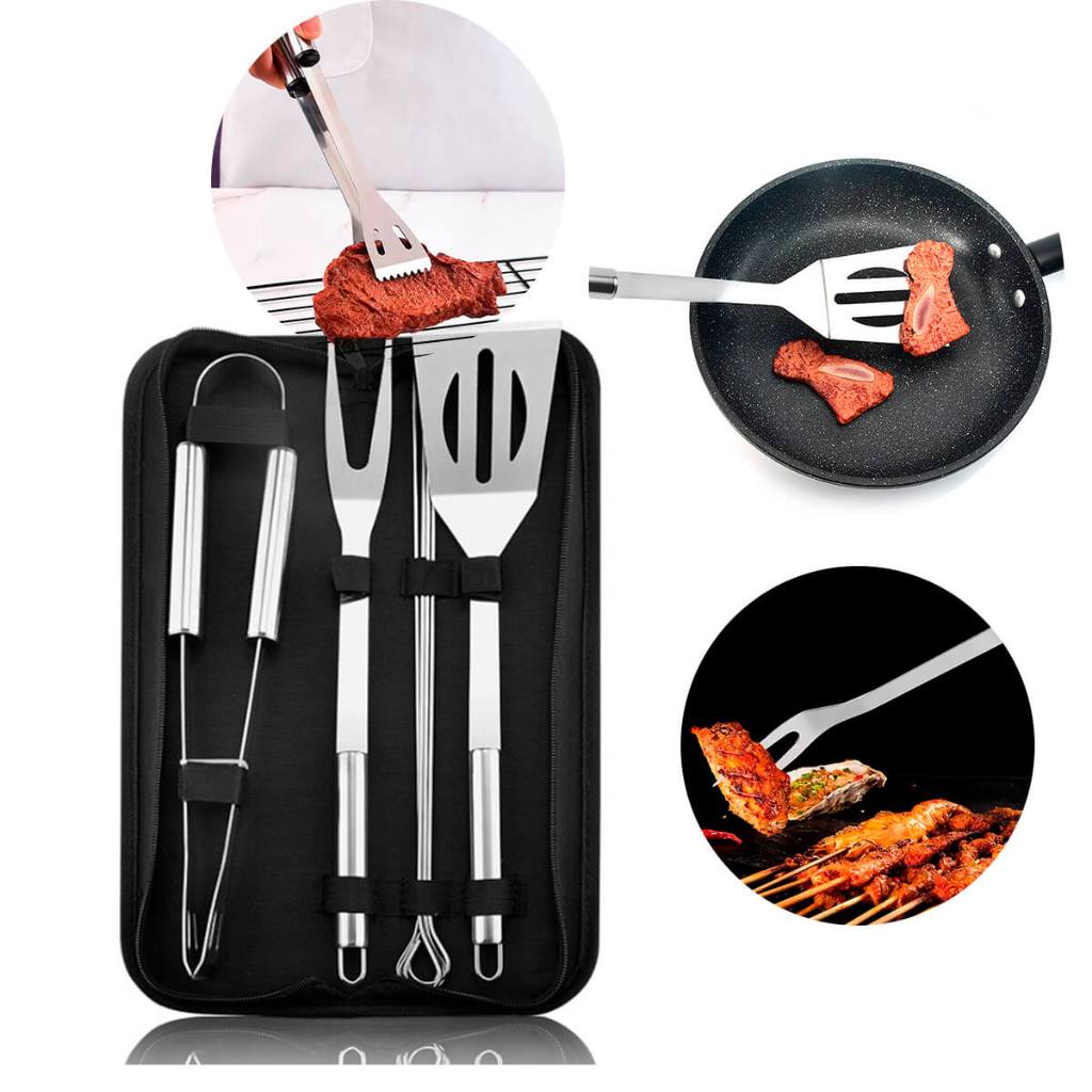 Kit Churrasco 7 Peças Espetos Garfo Espátula e Pegador Aço Resistente [7 Peças] + Bolsa Com Alça