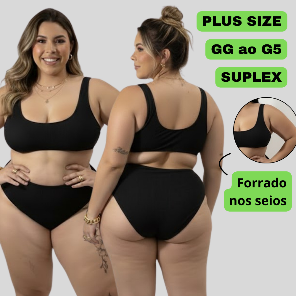 Conjunto Biquíni Plus Size Moda Praia Top e Sunquíni Forrado Cintura Alta em Suplex - GG ao G5