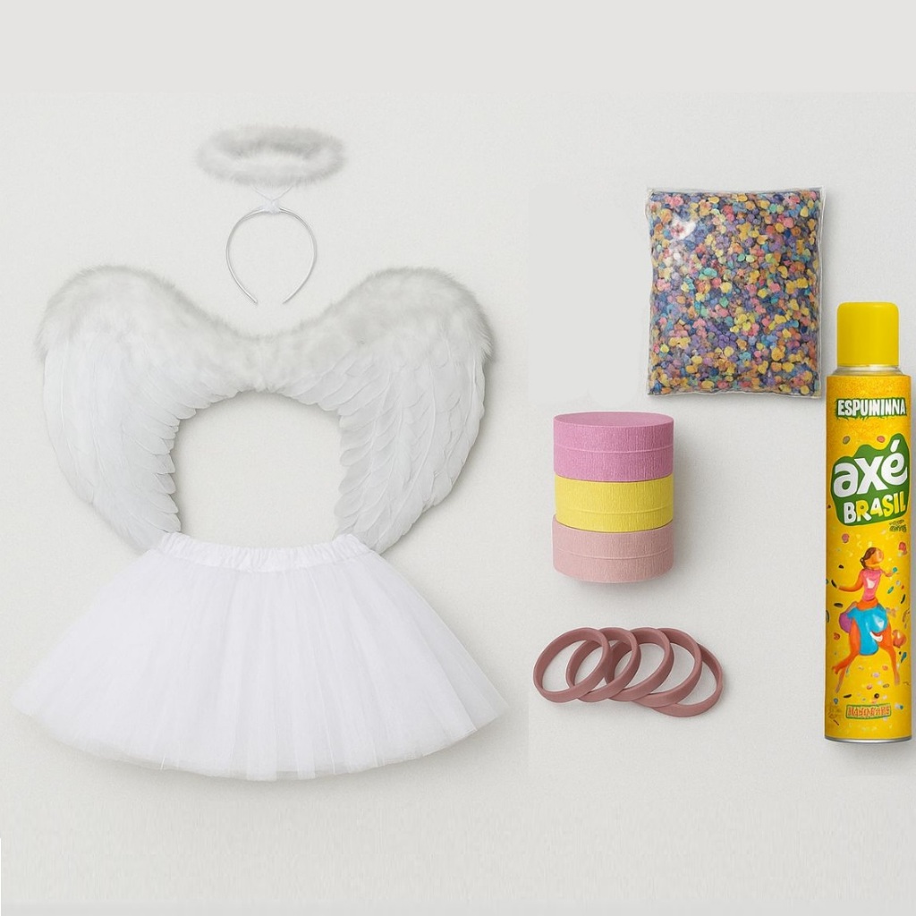 Fantasia Anjo Kit Completo Acessórios Carnaval Saia Asa Tiara Espuminha Confete Serpentina