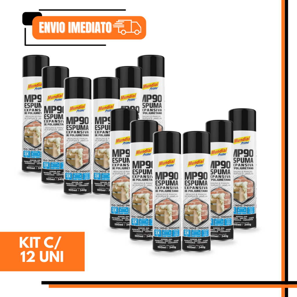 Kit C/12 Espuma Expansiva 500ml Mundial Prime Vedação Isolante Janelas Portas Construção Civil