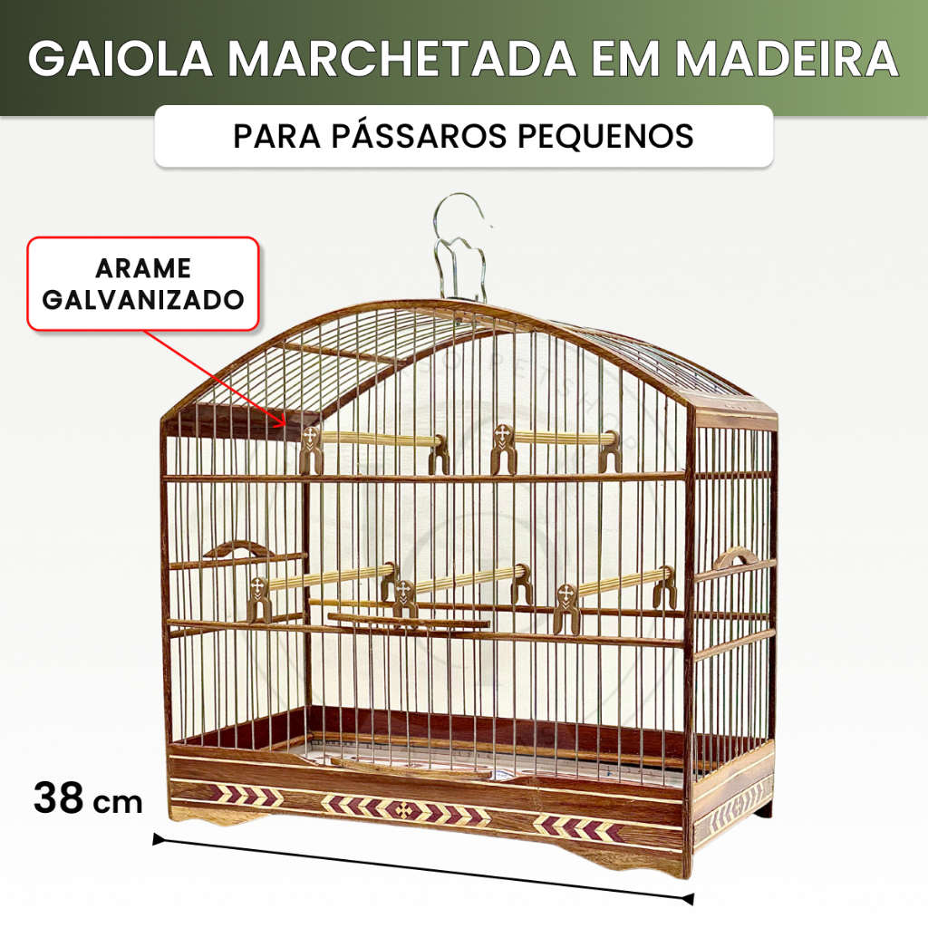 Gaiola 38cm Marchetada P/ Coleiro Arame Galvanizado Malha Fina Pássaros Pequenos Papacapim Canário