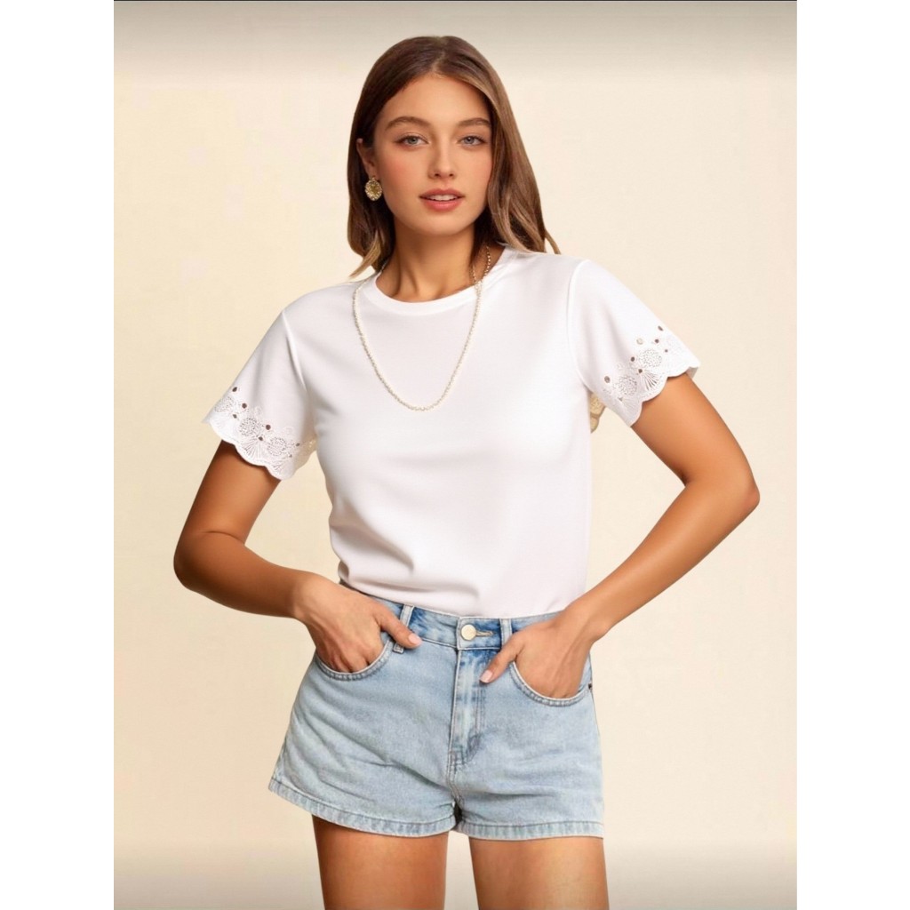 Blusa Manga Curta Feminina Lançamento Verão Primavera Liso Simples Casual Com Renda na Manga Nenhum Bordado de ilhó em Oferta na Shopee