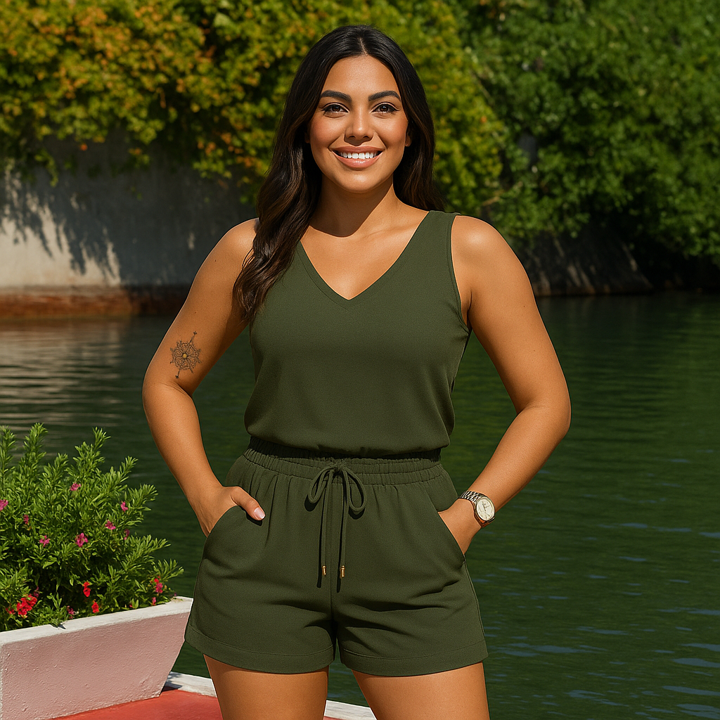 Conjunto Feminino Duna Premium – Short com Bolsos + Regata Decote V em Oferta na Shopee