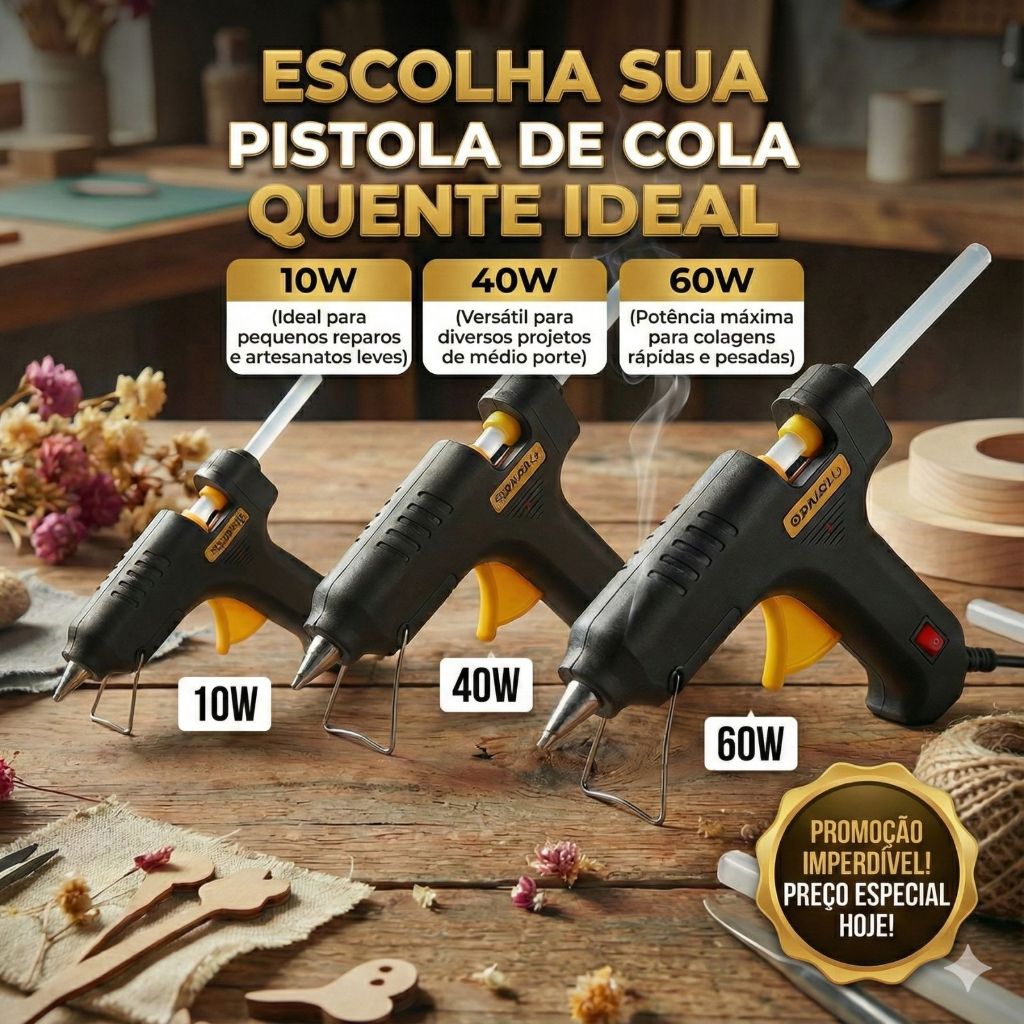 Pistola de Cola Quente 10W/40W/60W Ideal p/ Artesanato, Papelaria e Projetos DIY