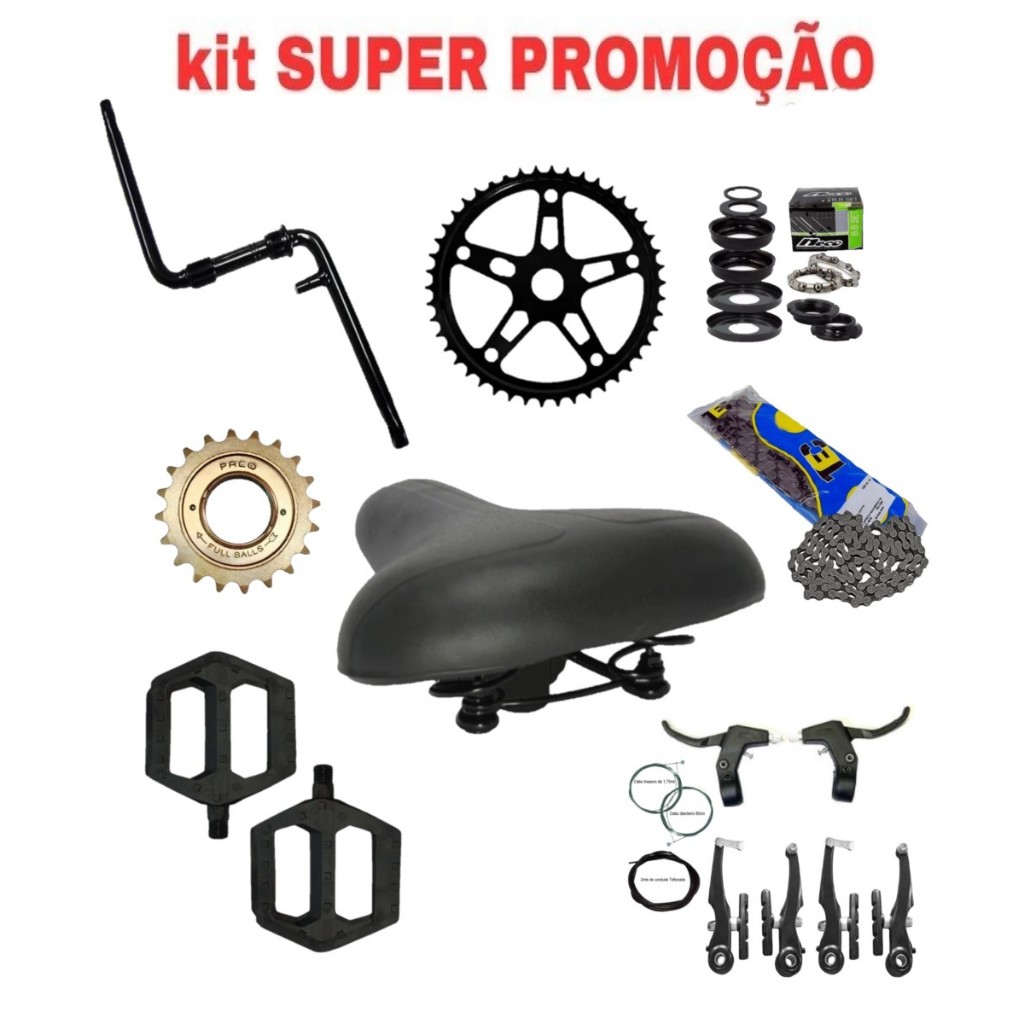 KIT 8 ITENS MONTAGEM E MANUTENÇÃO BIKE - SELIM PEDIVELA COROA MOV.CENTRAL CATRACA PEDAL E CORRENTE