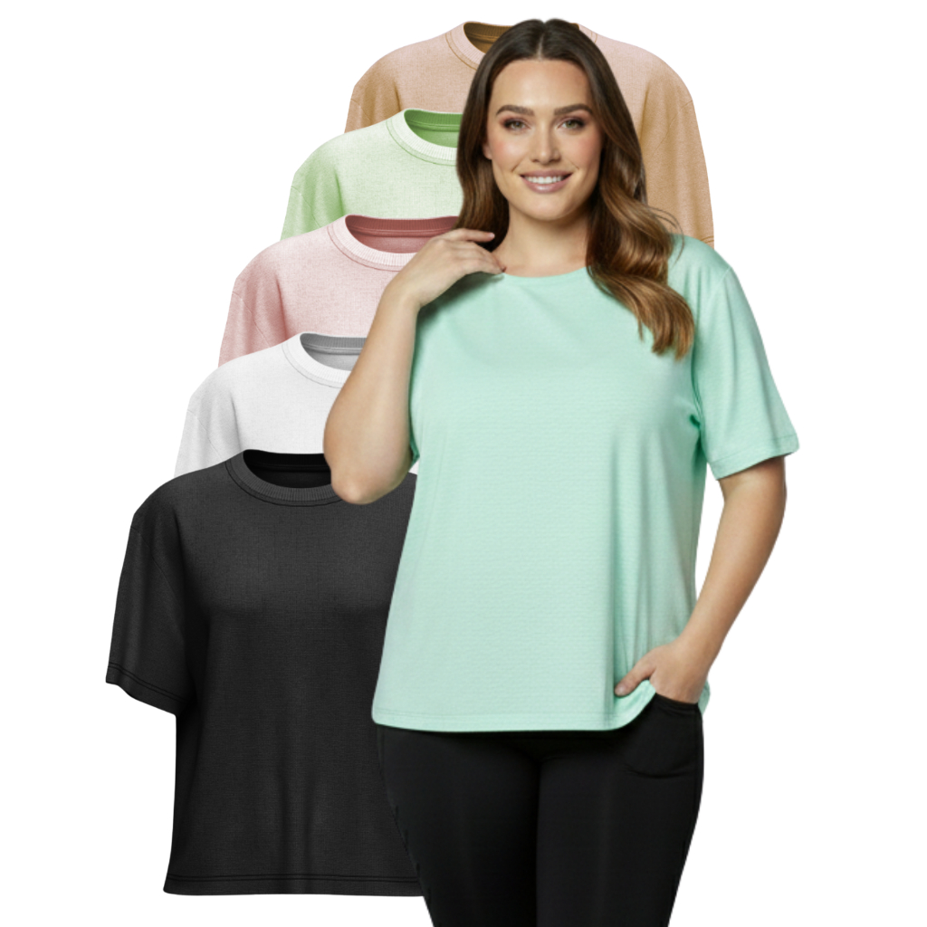 Kit 5 Camiseta Camisa Feminina Plus Size Algodão Casual Basica T-shirt Confortáveis Gola Redonda Manga Curta Estilosas