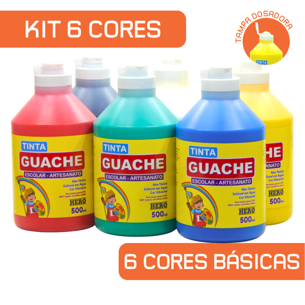 Guache Escolar 500ml - Marca HERO - Kit com 6 potes em Oferta na Shopee