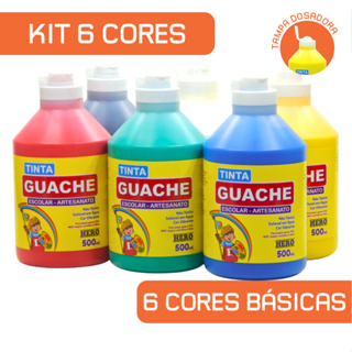 Guache Escolar 500ml - Marca HERO - Kit com 6 potes em Oferta na Shopee