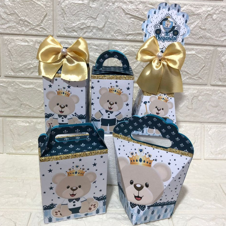 PEGUE E MONTE Kit de Caixinhas Personalizadas URSINHO PRINCIPE AZUL MARINHO Lembrancinhas  Mimos Infantil Festa Chá Bebê