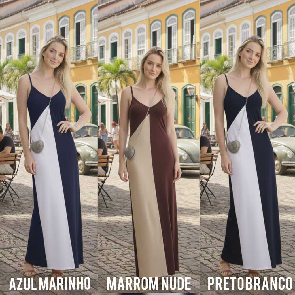 Vestido Longo Alça Bicolor em Oferta na Shopee