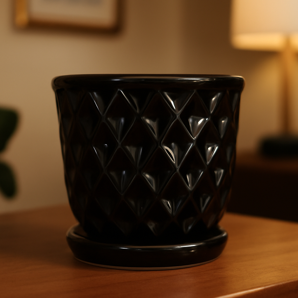 Vaso Decorativo Cardoso Store 13x14 Cm Para Flores C/ Prato Preto Diamond