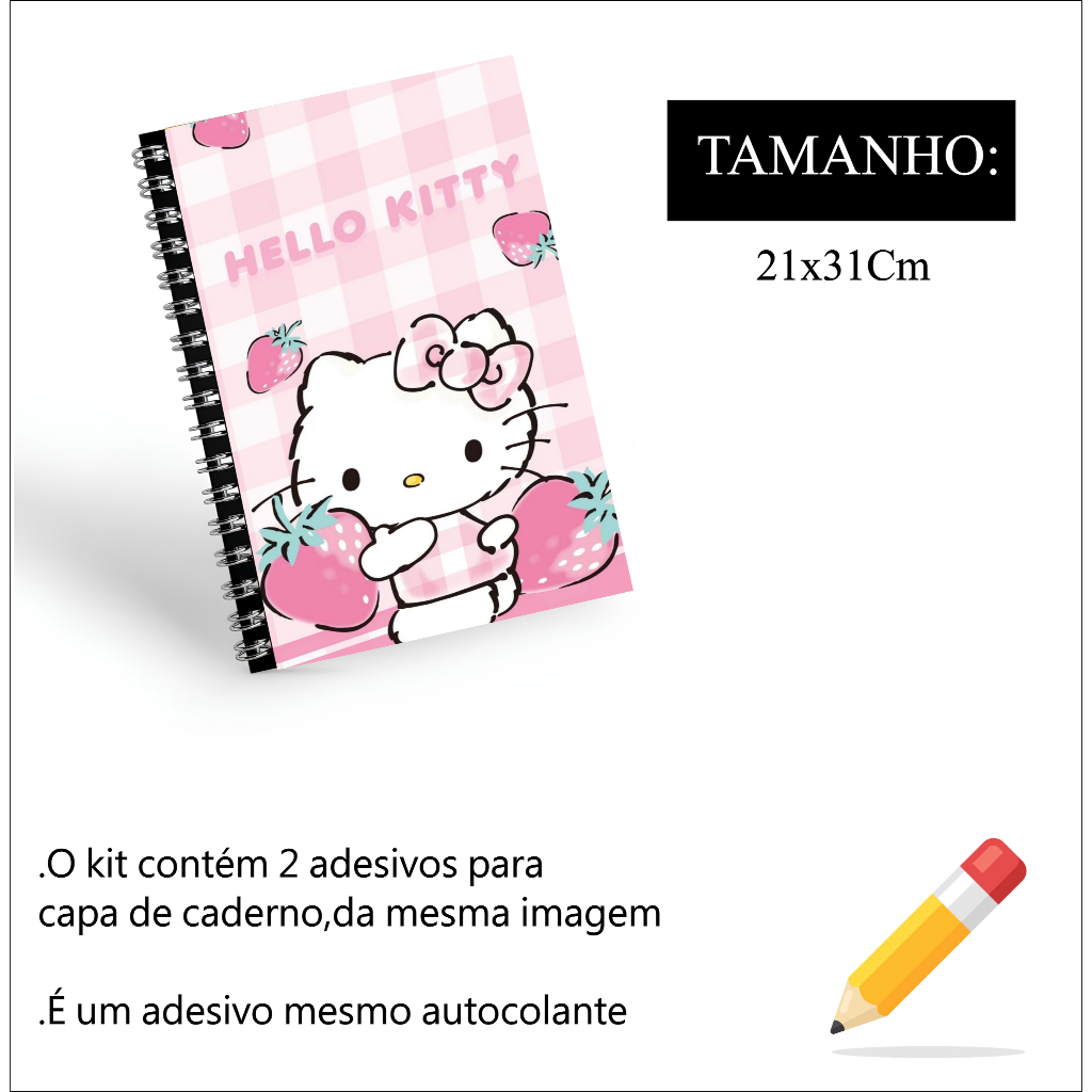KIT COM 2 ADESIVOS PARA CAPA DE CADERNO 21X31CM DECORAÇÃO HELLO KITTY PARA VOLTA AS AULAS CADERNO