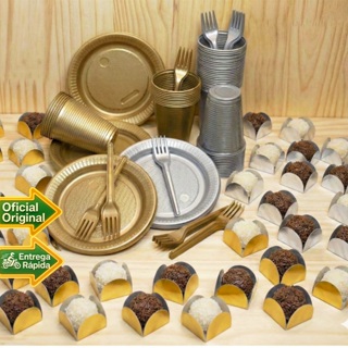 Kit Festa Descartaveis Econômico Aniversário final de ano Natal Casamento  Dourado Prata 200un em Oferta na Shopee