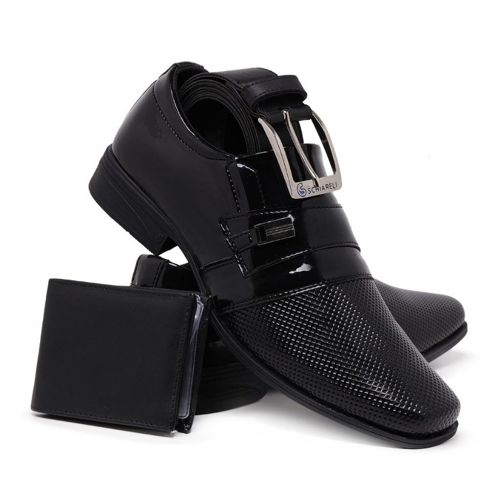 Kit Sapato Social Esporte Fino Masculino Com Cinto E Carteira Bico Quadrado Em Verniz Texturizado