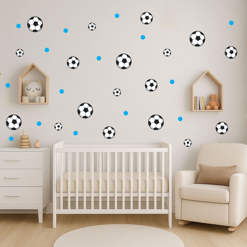 Adesivos de Parede Bola de Futebol e bolinhas azuis decoração quarto de bebê em Oferta na Shopee