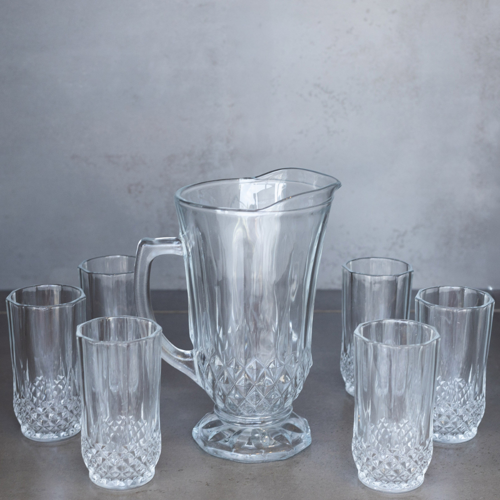 Conjunto 7 Peças Jarra 1,25L e 6 Copos 260ml de Vidro Diamante, Ideal para Água, Suco, Mesa Posta