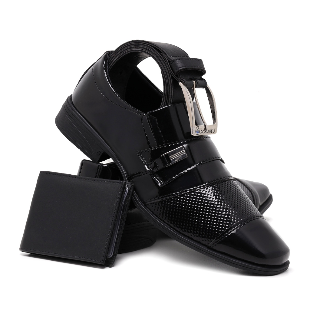 Kit Sapato Social Masculino Moderno Com Cinto E Carteira Bico Fino Verniz Brilhante Sola De Borracha